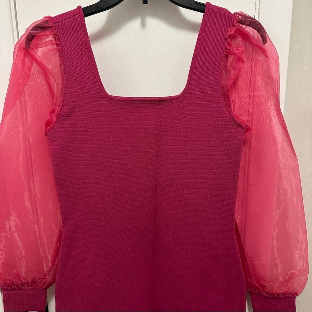 House of Harlow 1960 Fuchsia Corset Compression Knit Sheer Sleeves Mini Dress S - Picture 6 of 11